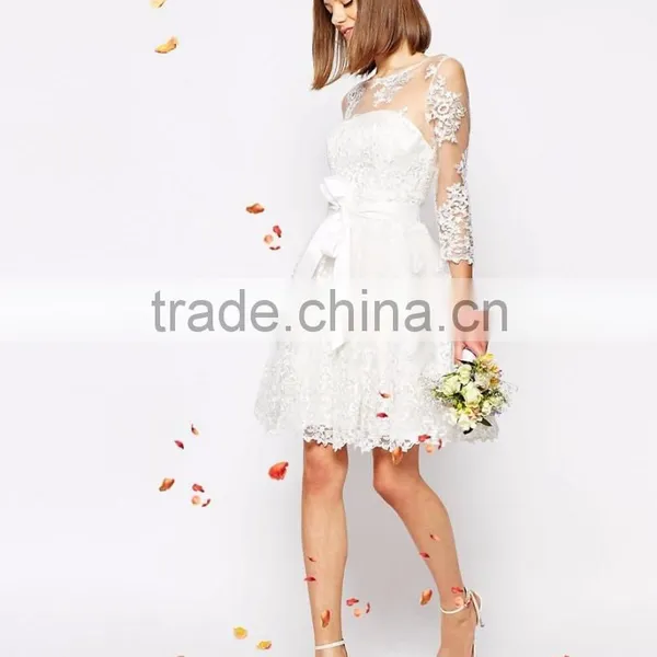 MGOO Design Long Sleeve Lace Mini Dress Bridal Grown With Floral Pattern Pure White Beach Wedding photo-5