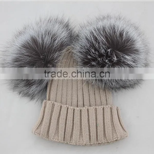 Myfur Bright Orange Wool Beanie With Detachable Double Real Silver Fox Fur Pompoms photo-4
