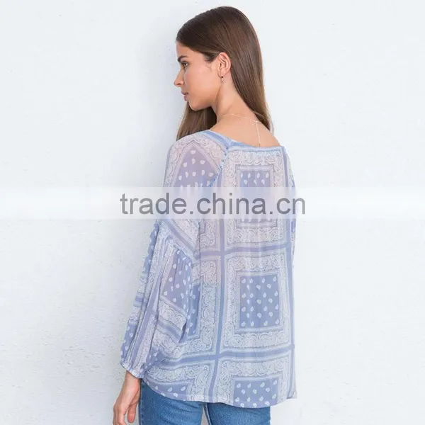 Fringed Drawstring Elastic Neckline Sheer Georgette Peasant Blouse photo-3