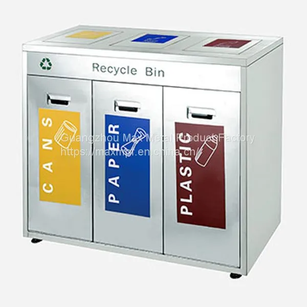 MAX-HB59 Outdoor 3 Compartment Commercial Stainless Steel Waste Bin With Swing Lid For Square
