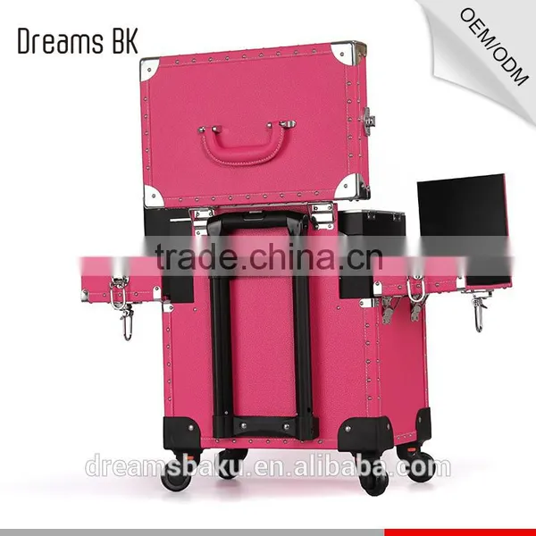 2016 Hot Selling Pink Color Functional Professional Trolley Case Makeup Box Cosmetic Display Case photo-6