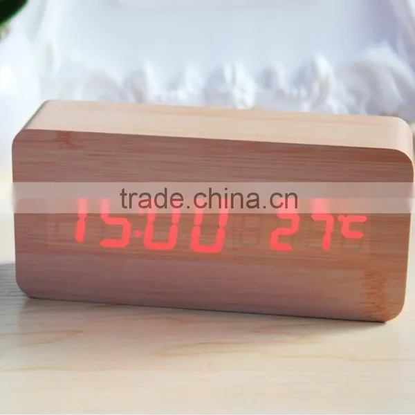 Home Desk Digital LED Stand Table Wooden Alarm Clock for Hotel With Temperature #S712