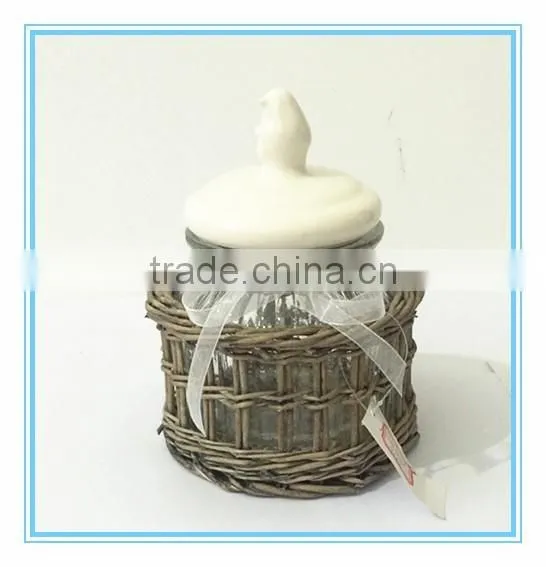 Fulaishan Hot Sale Small Willow Stand With Glass Round Storage Jar and Ceramic Lid and Ribbons