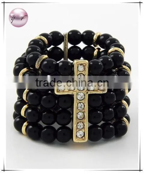 Gold Tone Black Acrylic Clear Rhinestone Cross Stretch Ring