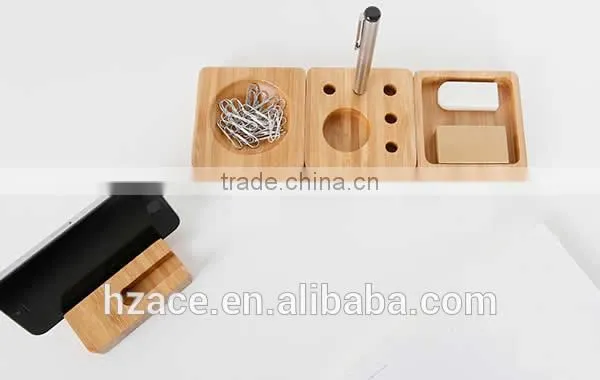 Bamboo Smart Phone Dock Stand Desk Organizer Office Accessories Set photo-2