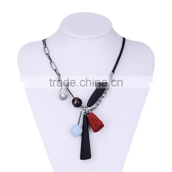 Geometric Wood Bead Rubber Strip Pendant Necklace Velvet Leather Tassel Necklace Chain Linked Suede Leather Necklace photo-2