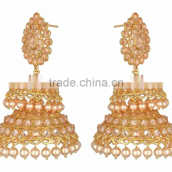 BIG Crystal Gold Tone DOUBLE JHUMKA DANGLER EARRINGS photo-2