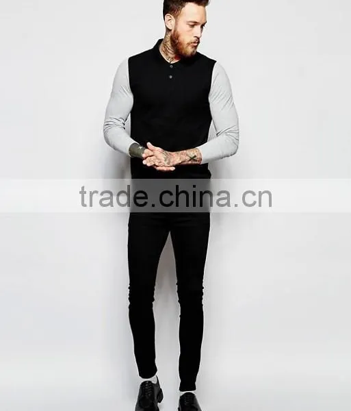 Best Price MGOO OEM Factory Long Sleeve Muscle Polo With Contrast Sleeves In Black photo-4