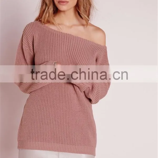 China OEM Winter Autumn Pullover Wide Neck Sweater Women Cashmere Ladies Jumpers Off Shoulder Jumper Pink photo-3