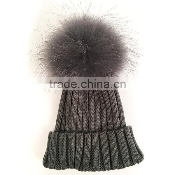 Myfur Matched Color Real Raccoon Fur Bobble Attached Wool Beanie Hat photo-2