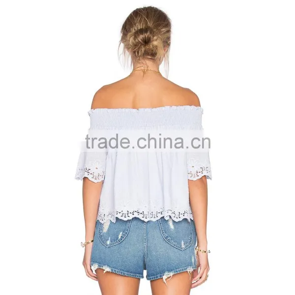 Ladies Pictures Down of Short Sleeve Casual Lace Blouse photo-3