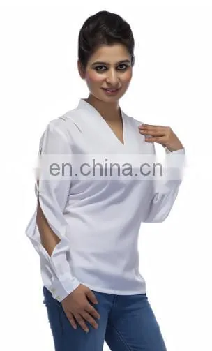 Blusas Femininas New Design Hot Summer Latest Stylish Sexy Sleeve Collar Neck Ivory Polyester Crepe Blouse Top For Ladies Women photo-2