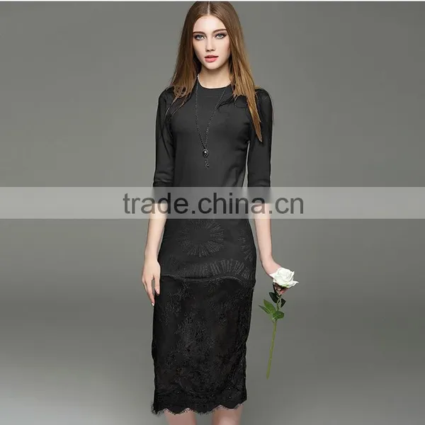 2017 Hot New Lady Hollow Knit Dress Half Sleeve Slim Hip Long Lace Dress With Lace Hem photo-5