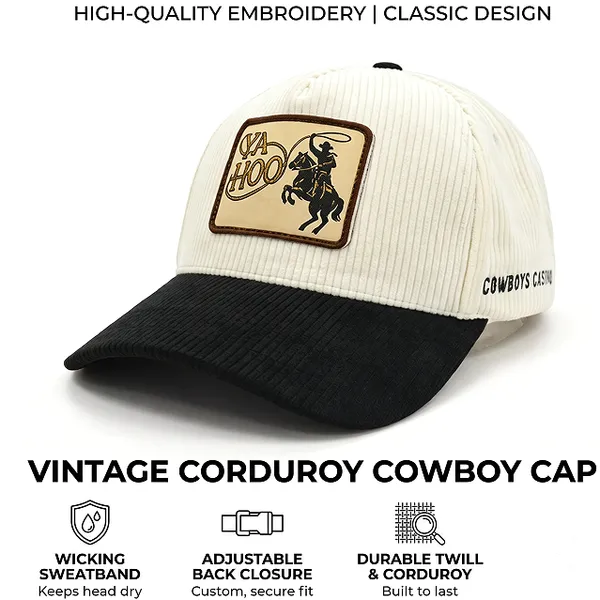 Western Cowboy Vibe YAHOO Lasso Leather Patch Cream Black Corduroy 5 Panel Hat