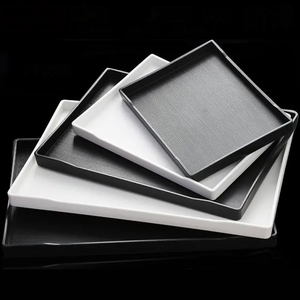 Home Kitchen Hotel Restaurant Trays Black White Rectangle Butler Tray Fast Food Plastic Serving Tray With Wood Pattern