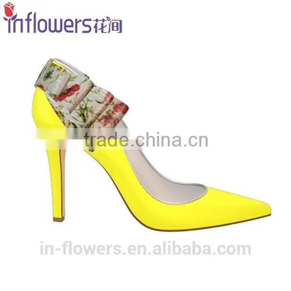 Yellow Patent Leather With Back Bowtie Pointed Toe Women High Heel Shoes photo-5
