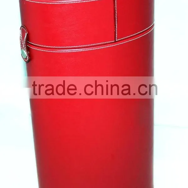 Red Color Leather Round Barrel Wine Box/Case With Handle photo-2