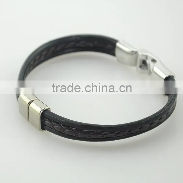 Factory Men Bangle Metal Black Leather Rope Bracelet photo-2