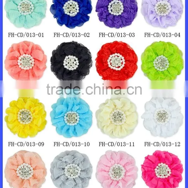 Red Chiffon Blossom Fabric Crystal Pearl Center Flowers photo-6