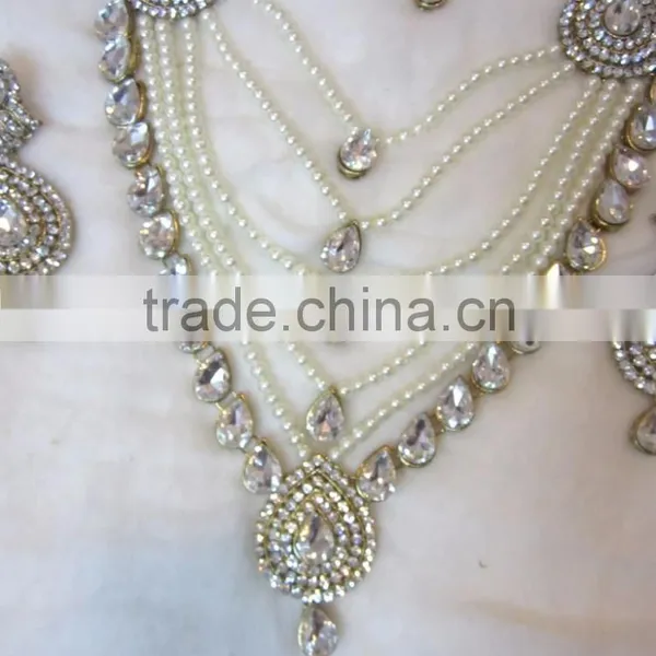 PEARL CRYSTAL RANI HAAR Gold Plated BRIDAL Necklace EARRING Set photo-2