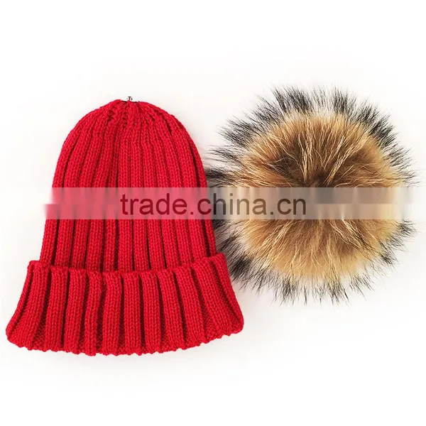 Myfur Wholesale Red Color Real Raccoon Fur Pompom Knit Hat Detachable Fur Pom Pom Crochet Hat photo-2