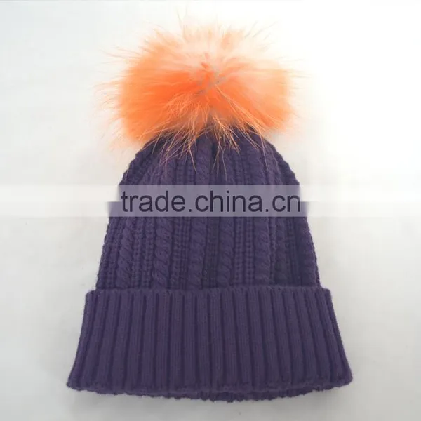 Myfur Popular New Cable Woolen Knitted Hat With Raccoon Pom Pom Top photo-5
