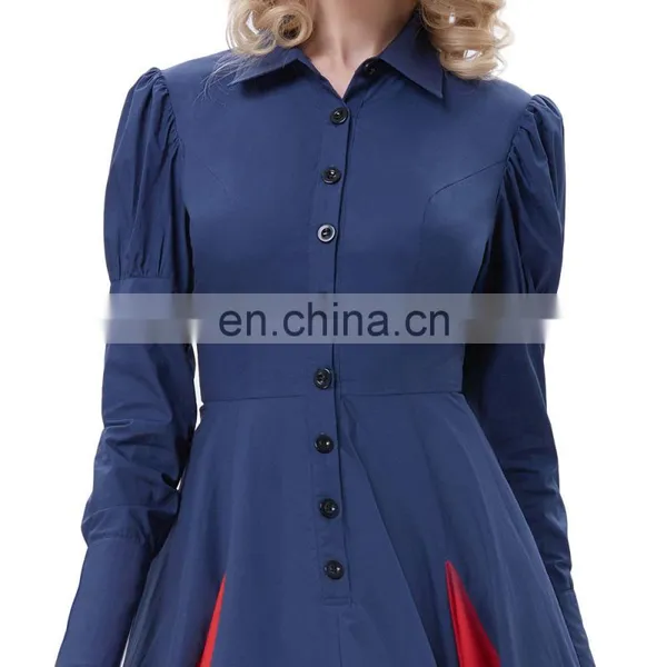 Belle Poque Victorian Style Long Sleeve Shirt Collar Contrast Color Navy Swing Retro Vintage Dress BP000366-3 photo-5