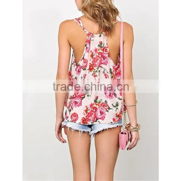 Summer Women Latest Fashion Sweet Floral Print Scoop Neckline Woven Top- SYK15262 photo-2