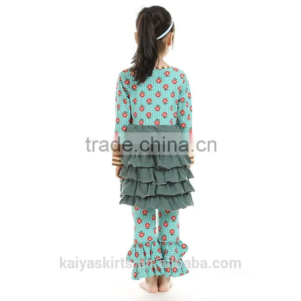 2016 Thanksgiving Kaiya Printed Cotton Ruffled Long Sleeve Dress and Pant Fall Boutique Girl Clothing Quality Choice photo-2