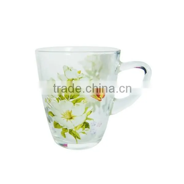 Promotion Flower Decal Printed Tea Glss Mug With Handle