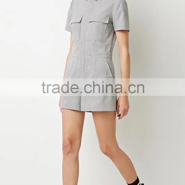 Women's Short Sleeve Double Pocket Tie Solid Grey Casual Jumpsuits photo-6