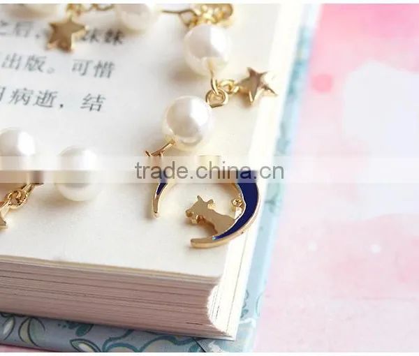 Gold Cat Moon Star Enamel Bowknot Heart Shape Key Charms Bracelet Pearl Bead Linked Bracelet photo-6