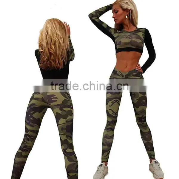 Cheap Wholesale Designer Fitness Camouflage Printed Tracksuit 2 Pieces Short Tops Long Bodycon Pants Sexy Casual Women's Set photo-2