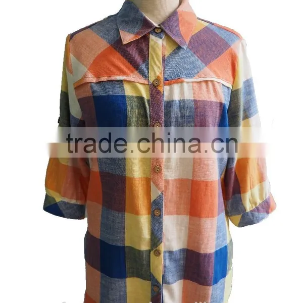 Classic Check Plaid Hemp Ramie Cotton All-Down Button With Side Pocket Top Blouse Shirt
