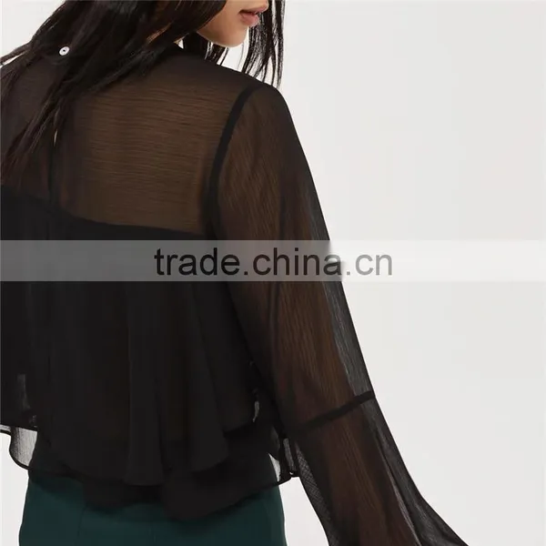 Gorgeous Cropped Flute Crinkle Sleeve Black Semi Sheer Blouse photo-4