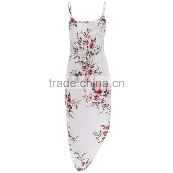 Slip Floral Printed Drawstring Waist Asymmetric Chiffon Women Dress photo-5
