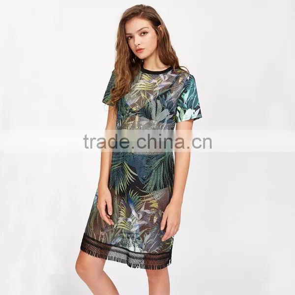 WOMEN Sexy Short Shirt Dress, Printed and Mesh Design Black Dress photo-4