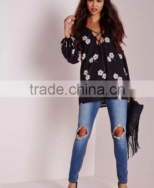 New Summer Collection Wholesale Floral Printing High Quality Chiffon Style Blouse photo-5