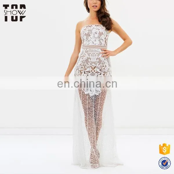 China Supplier Oem Clothes White off Shoulder Maxi See Through Lace Evening Dress