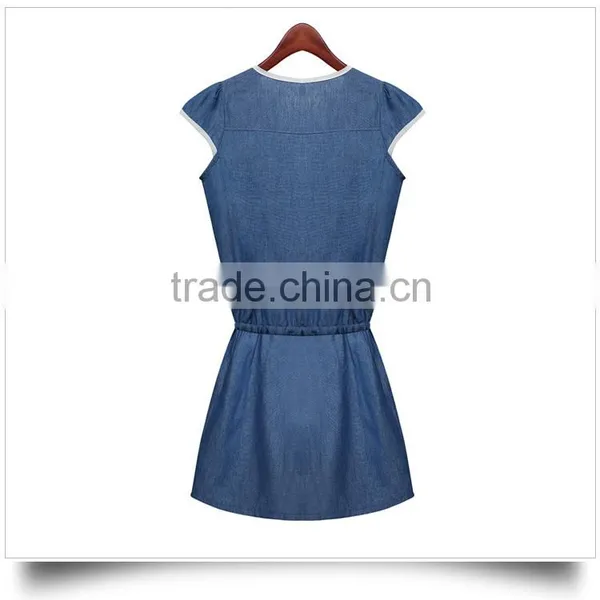 2015 Casual Women Newest Denim Dress High Qality Sleeveless Ladies Fashion Denim Dress With Flower photo-3