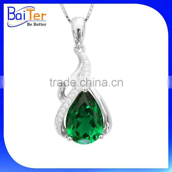 Unique Custom Rhodium Plated CZ 925 Sterling Silver Lab Created Emerald Cross Pendant photo-5