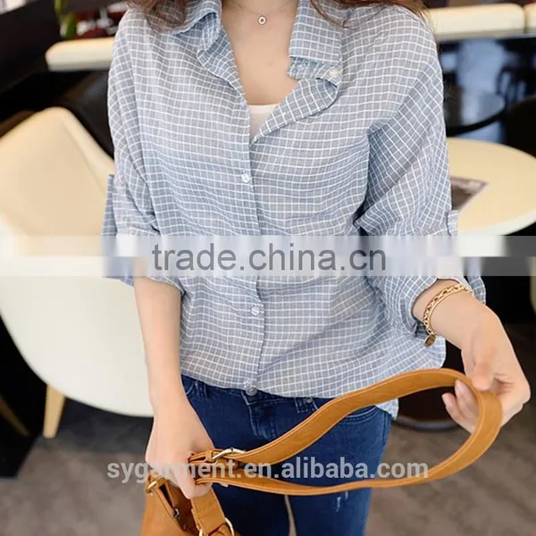 Women's Fashion Sky Blue Color Plaid Shirt Lady Blouse photo-2