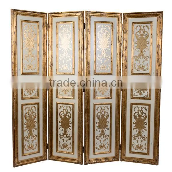 Elegant Gilt Wooden Floor Screen, Gold Painted Flower & Bird Four Panel Folding Screen, Curio Classic Furniture Decor Screen photo-5
