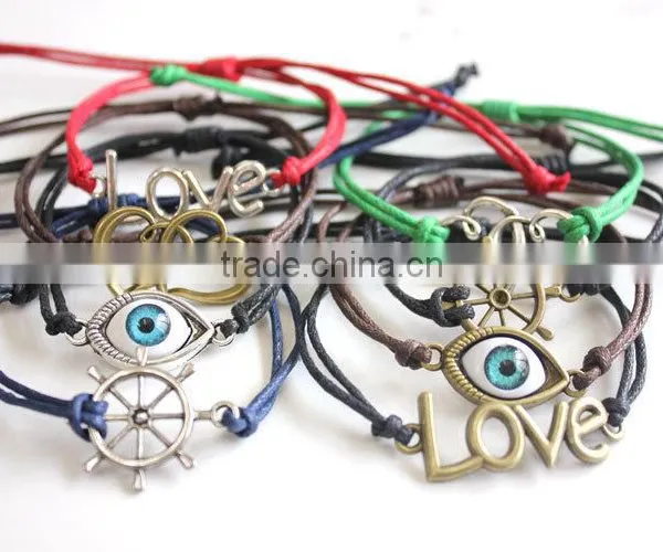 Vintage Love Letter Heart Evil Eye Rudder Charms Bracelet Adjustable Customized Charm Wax Cord Bracelet photo-3