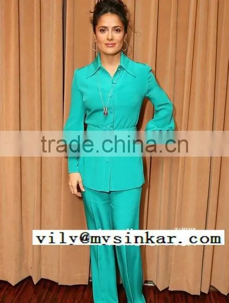 Green Lapel High Empire Waistband Long Sleeve One Covered Button Long Trousers Women Dancerwear Sets photo-2