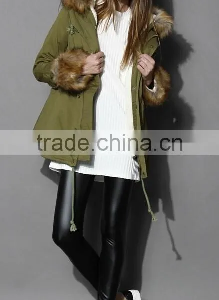 Detachable Faux Fur Jacket With Fur Collar Fur Sleeve ,women Army Green Jacket Coat photo-3