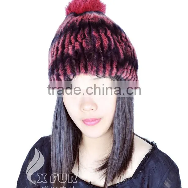CX-C-58K Hand Knitted Genuine Rex Fur Beanie Hat With Fox Fur Ball photo-6