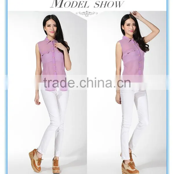 2016 New Fashion Women See Through Chiffon Purple Puffy Vest photo-2