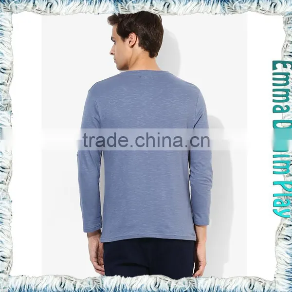 Navy Mens Buttons Placket Blank Long Sleeves T-Shirts photo-2
