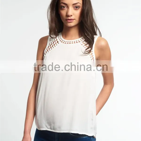 Guangzhou Shandao Supplier Latest Model Casual New Design Sleeveless Net Collar White Chiffon Women Top 2015 photo-2